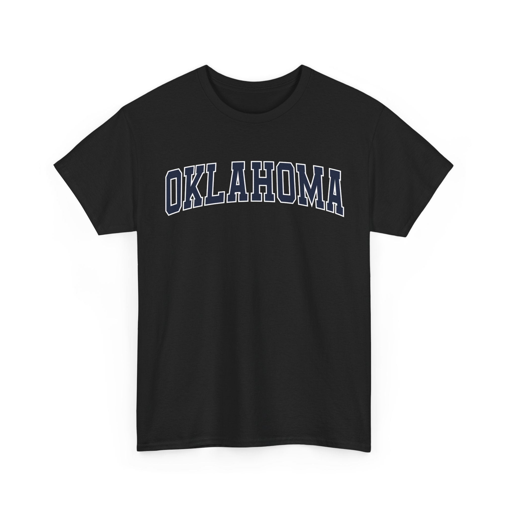 Black t-shirt with 'OKLAHOMA' text on a white background