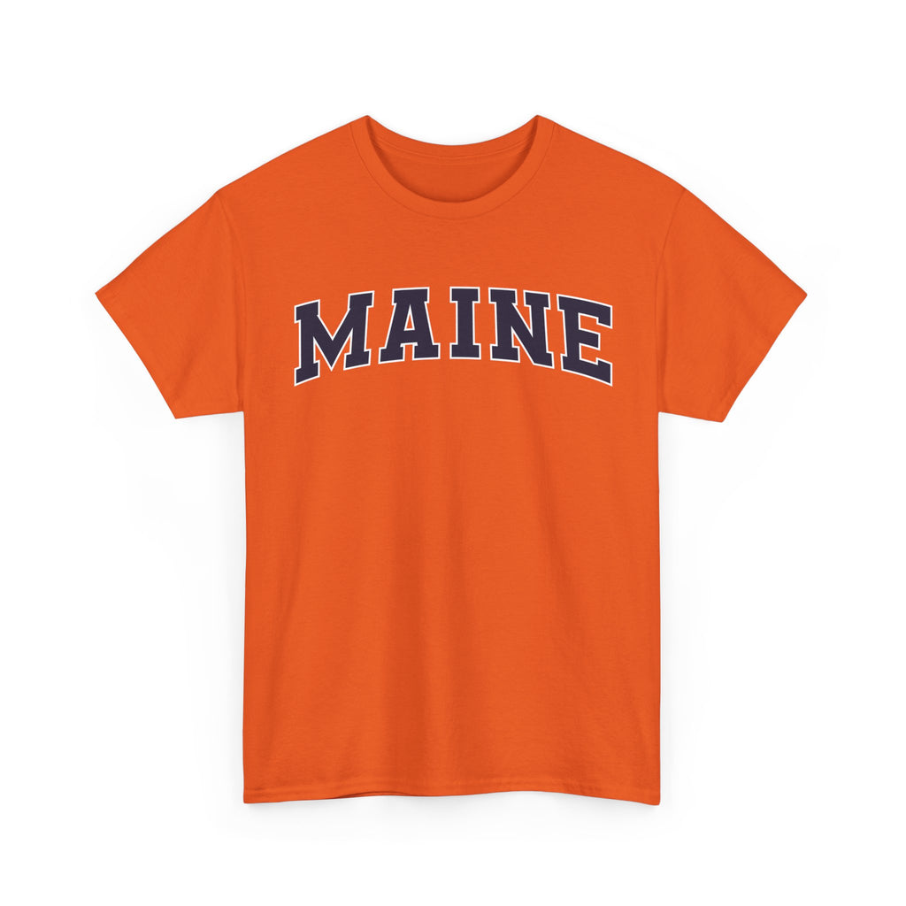 Orange t-shirt with 'MAINE' printed on it against a white background
