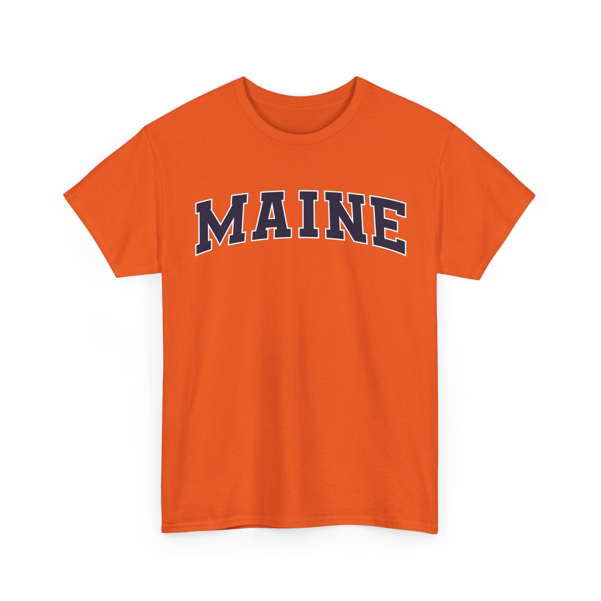 Orange t-shirt with 'MAINE' printed on it against a white background