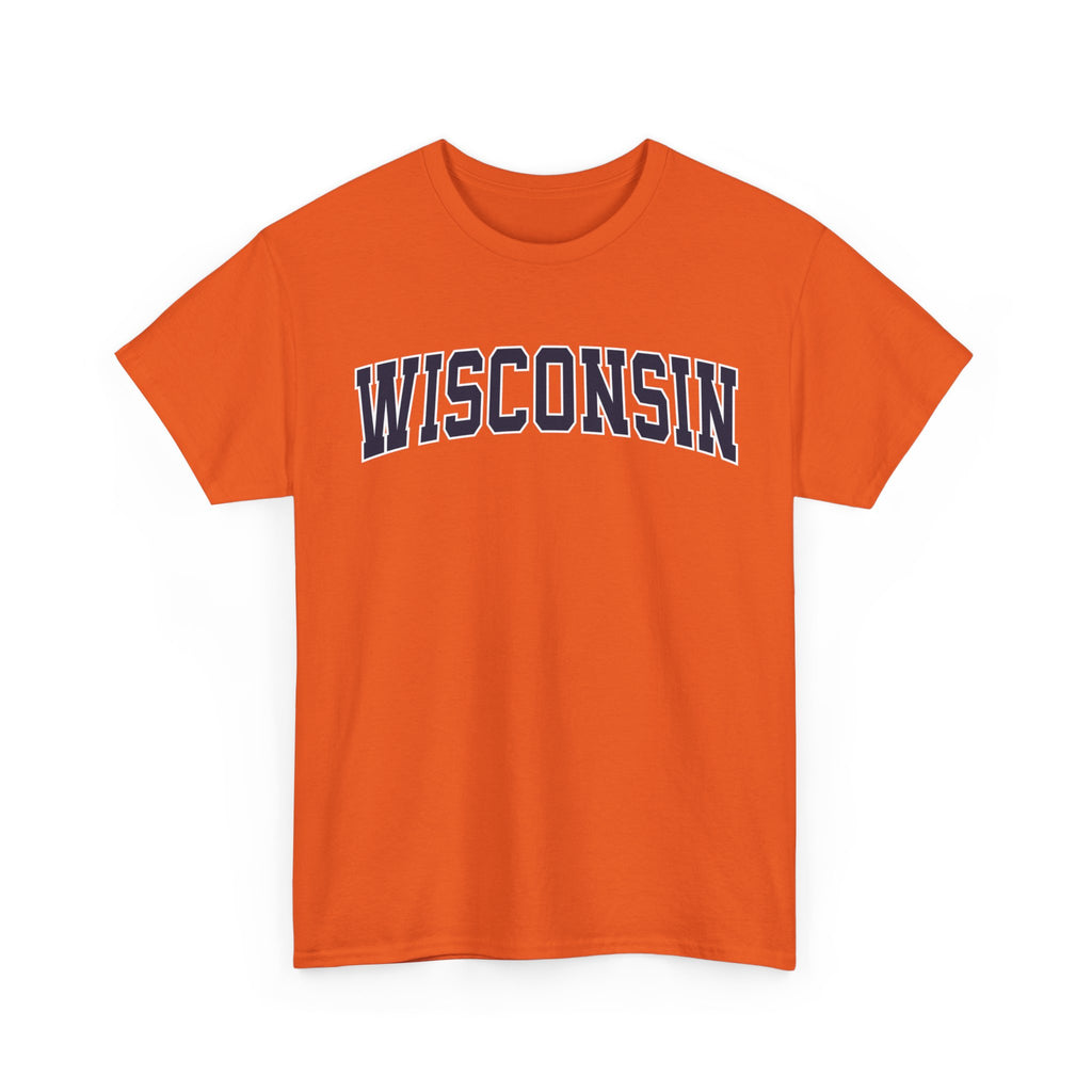Orange t-shirt with 'WISCONSIN' printed on it against a white background