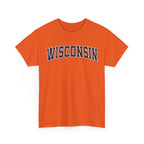 Orange t-shirt with 'WISCONSIN' printed on it against a white background