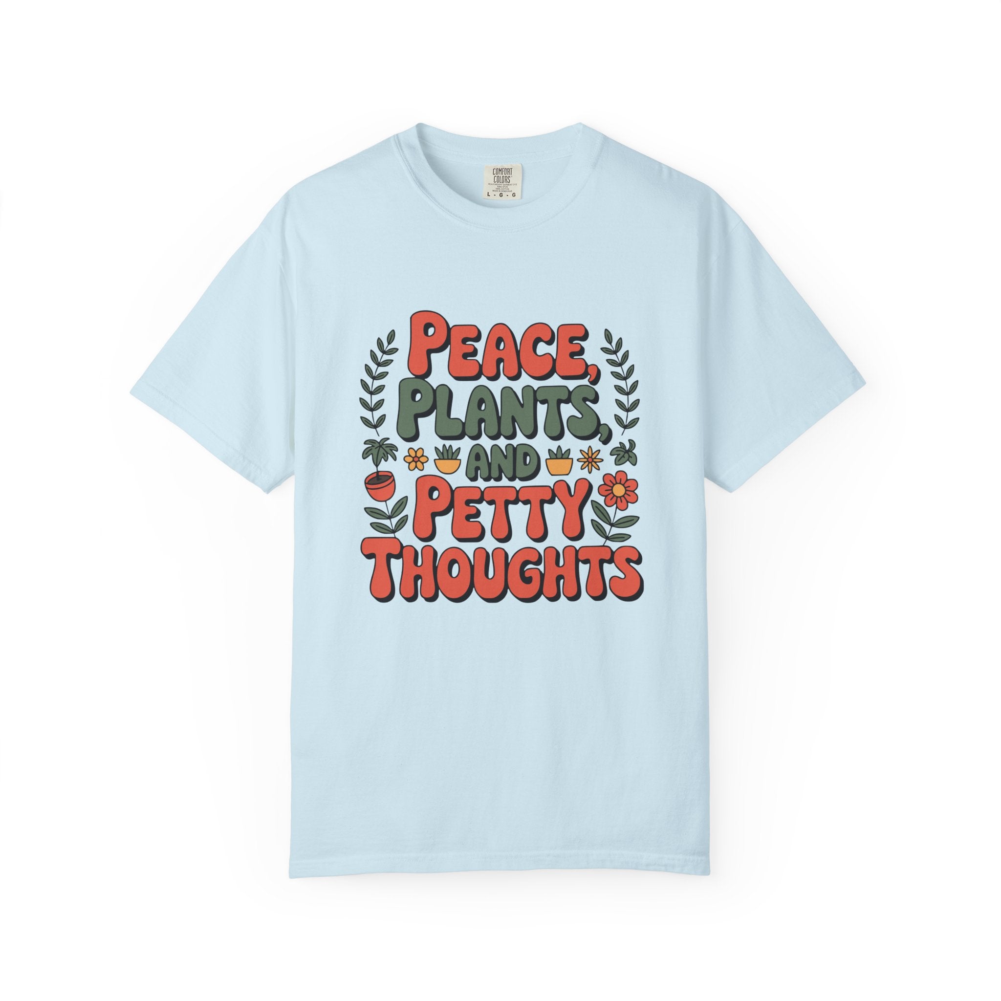 ’Peace Plants & Petty Thoughts’ T-Shirt | Funny Plant Graphic Quote Tee - Chambray / S