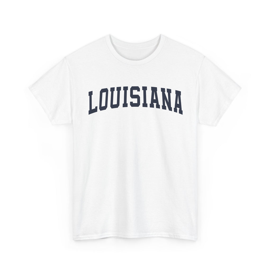 White t-shirt with 'LOUISIANA' printed on a white background