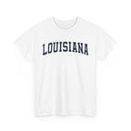 White t-shirt with 'LOUISIANA' printed on a white background