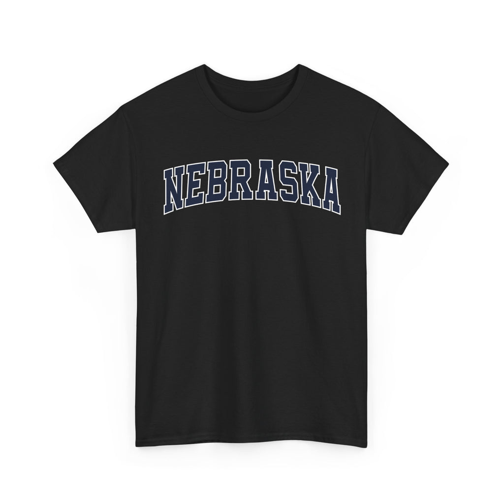 Black t-shirt with 'NEBRASKA' printed on a white background