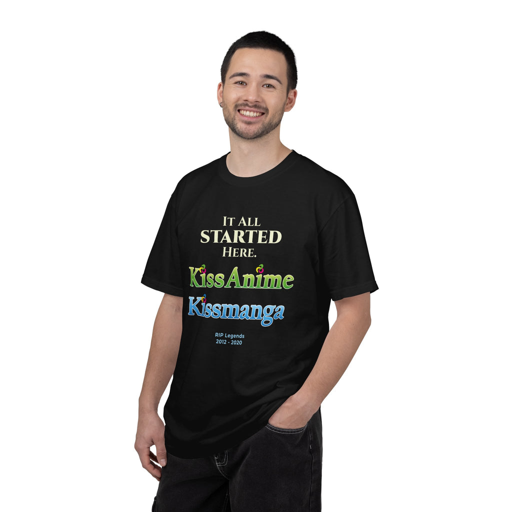 Man wearing a black t-shirt with colorful text of KissAnime and Kissmanga on a white background