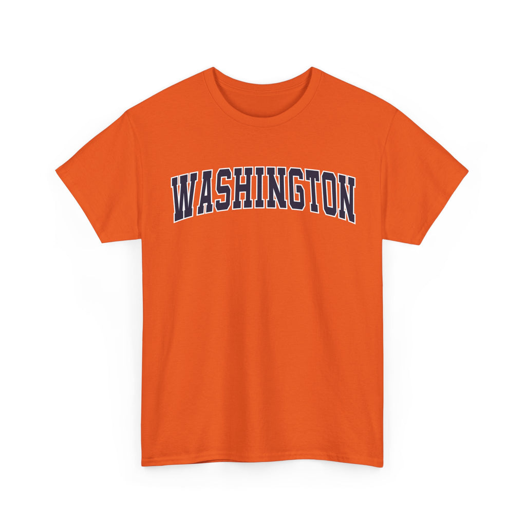 Orange t-shirt with 'WASHINGTON' printed on it against a white background