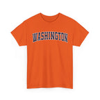 Orange t-shirt with 'WASHINGTON' printed on it against a white background