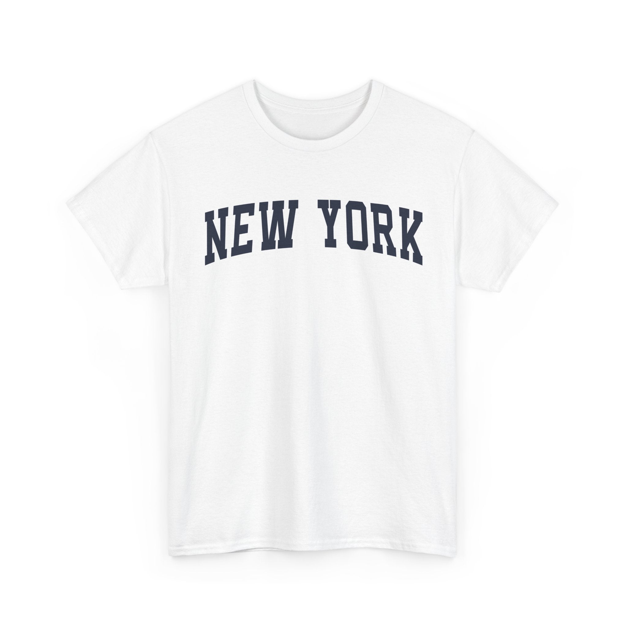 White t-shirt with 'New York' text on a white background