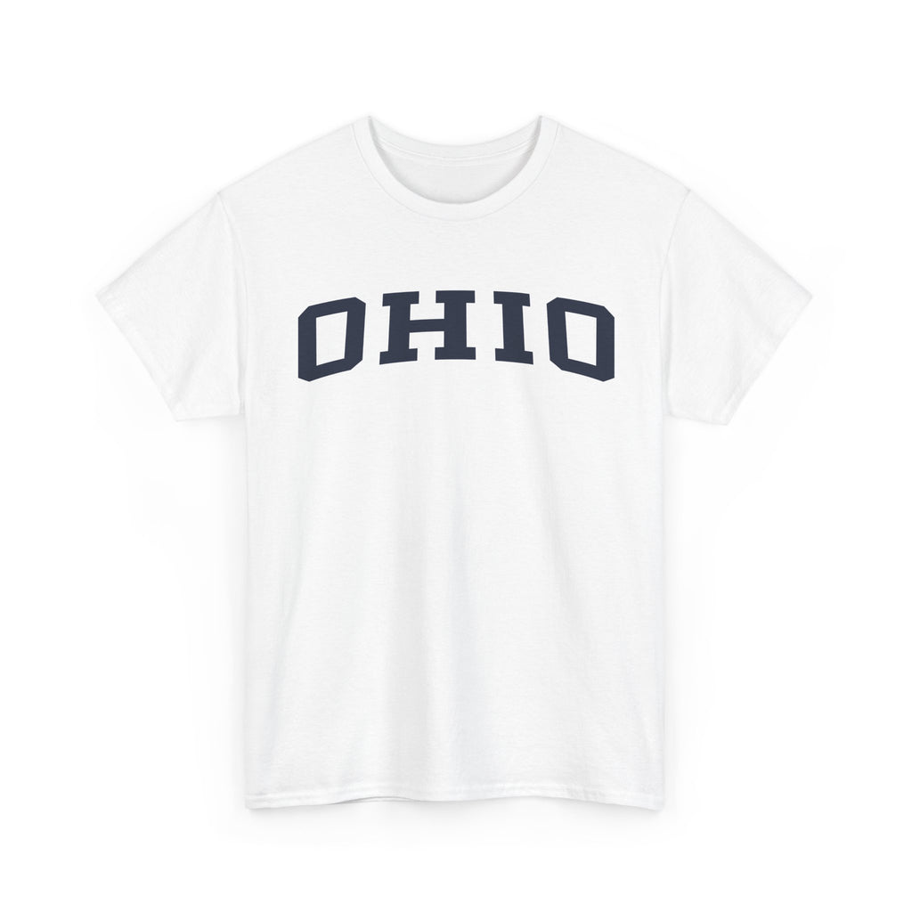 White t-shirt with 'OHIO' printed on it against a white background