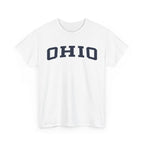 White t-shirt with 'OHIO' printed on it against a white background