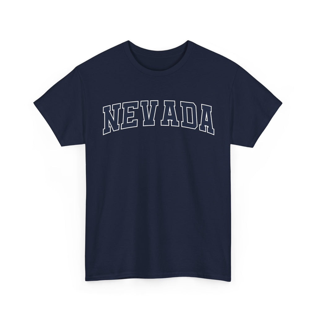 Navy blue t-shirt with 'NEVADA' printed on a white background