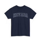 Navy blue t-shirt with 'NEVADA' printed on a white background