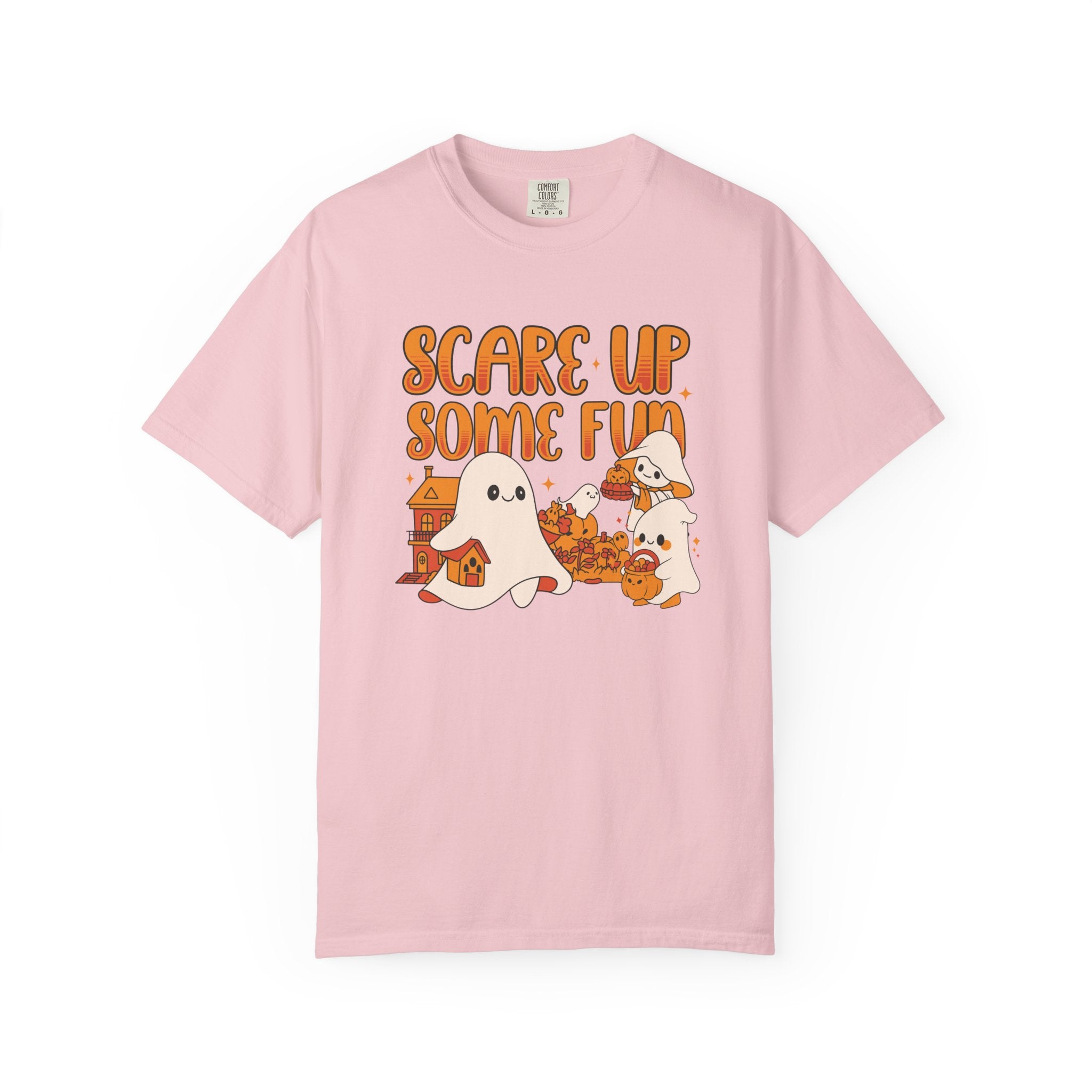 Funny Halloween Ghost T-Shirt: Spooky Pumpkin Design with ’Scare Up Some Fun’ Quote - T-Shirt