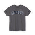 Charcoal t-shirt with 'MISSISSIPPI' printed on a white background
