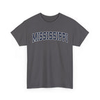 Charcoal t-shirt with 'MISSISSIPPI' printed on a white background