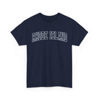 Navy blue t-shirt with 'RHODE ISLAND' text on a white background