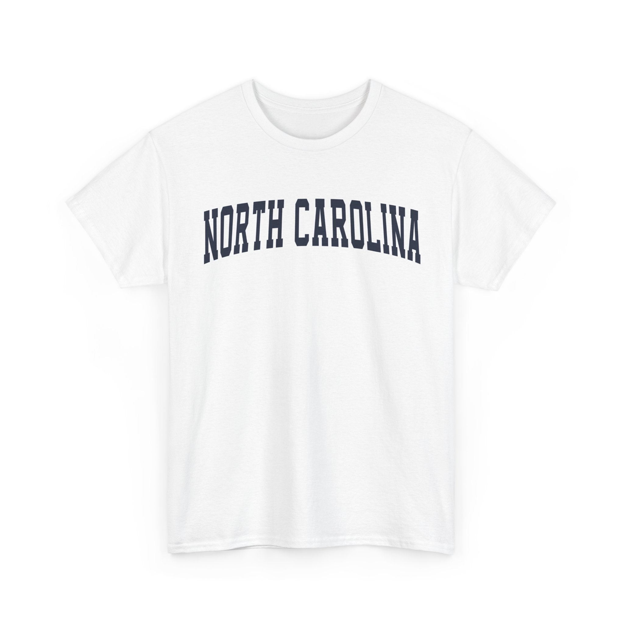 White t-shirt with 'North Carolina' text on a white background