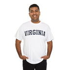 Man wearing a white t-shirt with 'Virginia' printed on it against a white background
