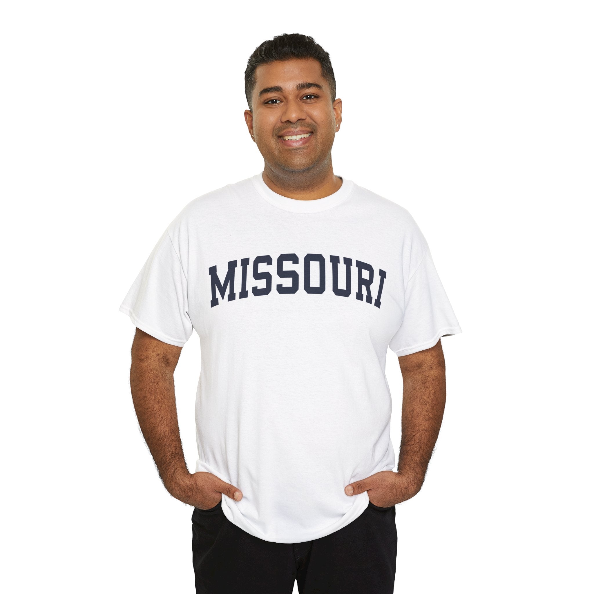 Man wearing a white t-shirt with 'MISSOURI' printed on it against a white background