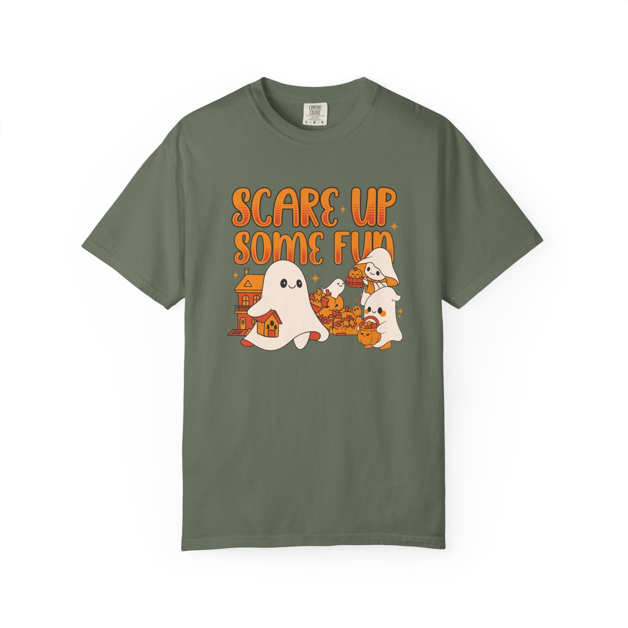 Funny Halloween Ghost T-Shirt: Spooky Pumpkin Design with ’Scare Up Some Fun’ Quote - Moss / S - T-Shirt