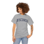 Woman wearing a sport gray 'Wisconsin' t-shirt on a white background