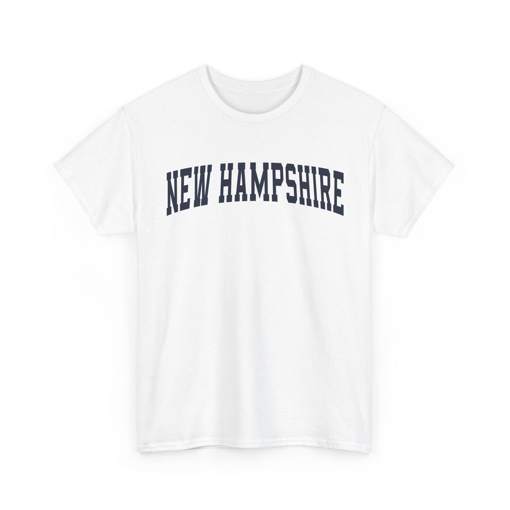 White t-shirt with 'NEW HAMPSHIRE' text on a white background