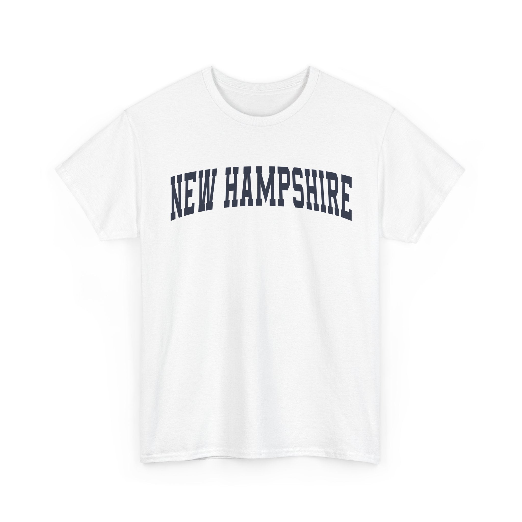 White t-shirt with 'NEW HAMPSHIRE' text on a white background