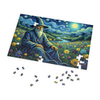 Jigsaw puzzle with a completed section of a wizard in a starry night landscape