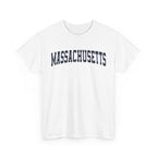 White t-shirt with 'MASSACHUSETTS' text on a white background