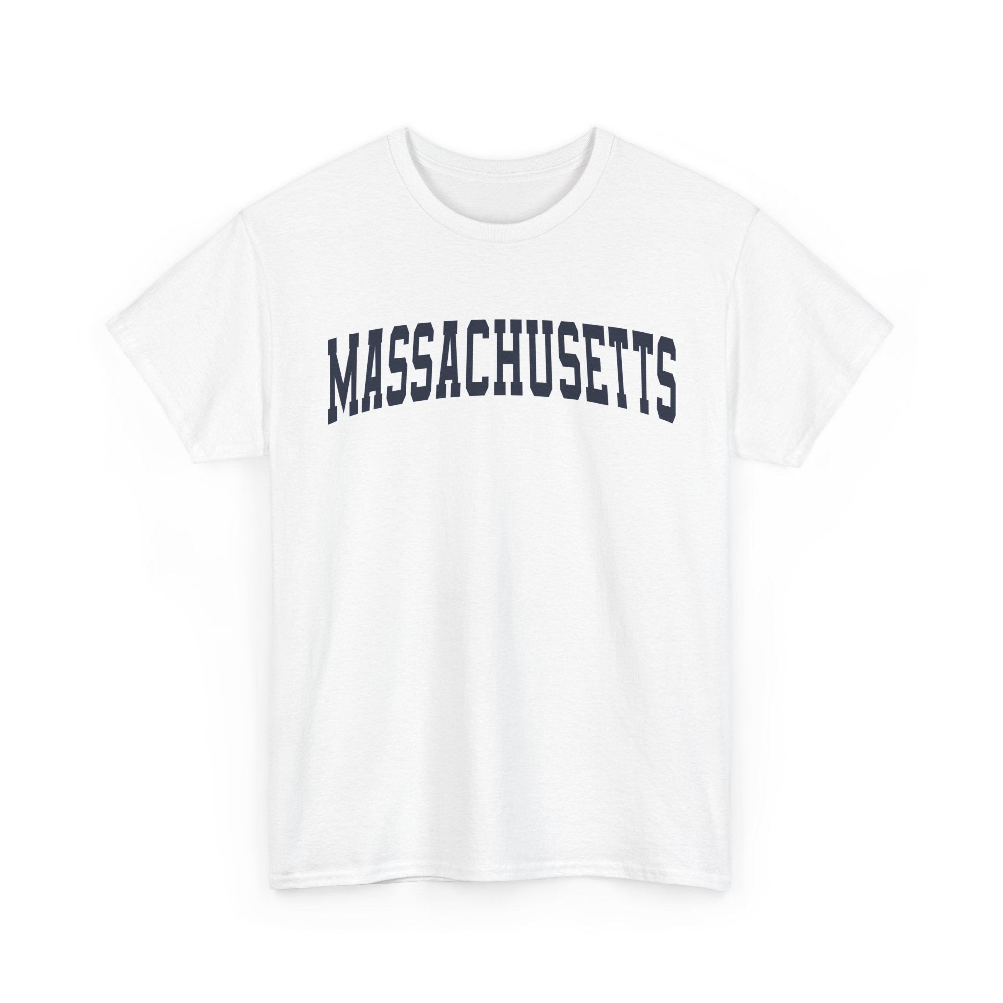 White t-shirt with 'MASSACHUSETTS' text on a white background