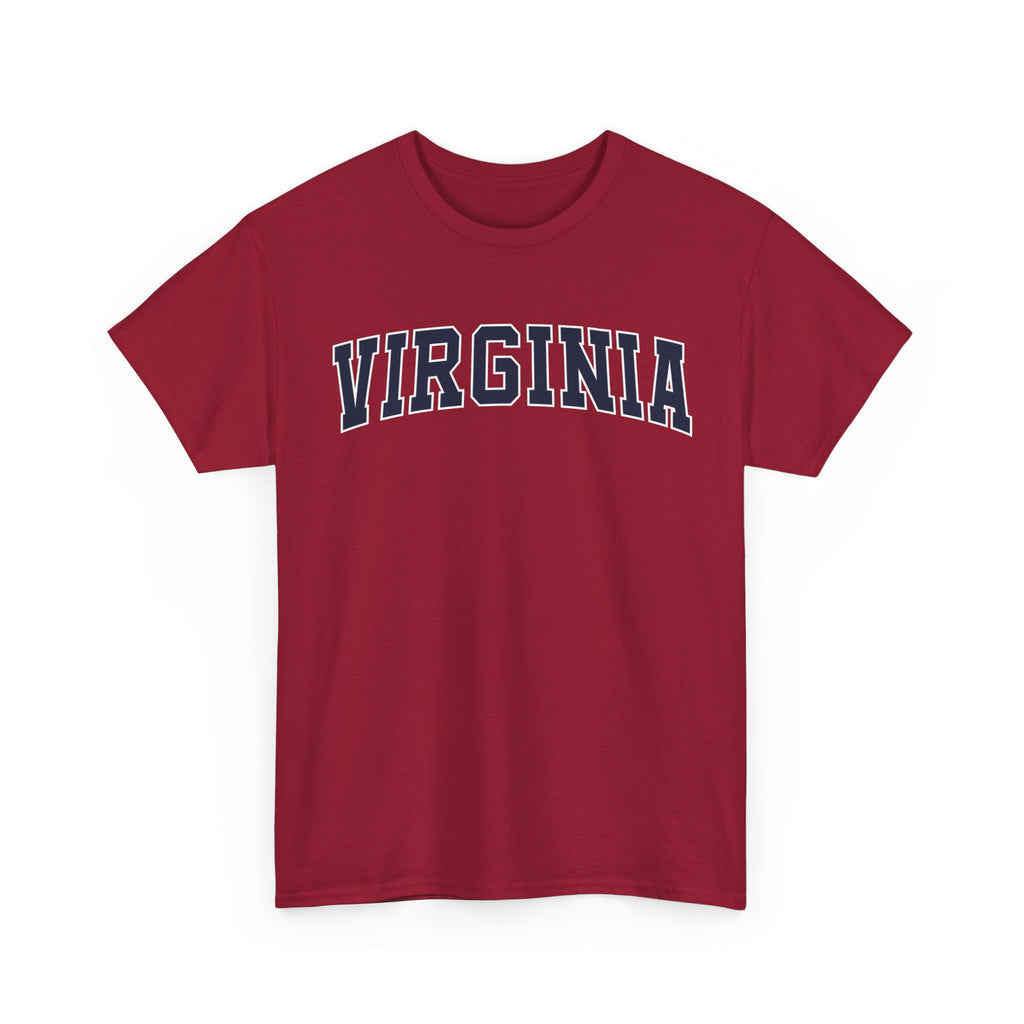 Red t-shirt with 'Virginia' printed on it against a white background
