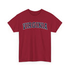 Red t-shirt with 'Virginia' printed on it against a white background