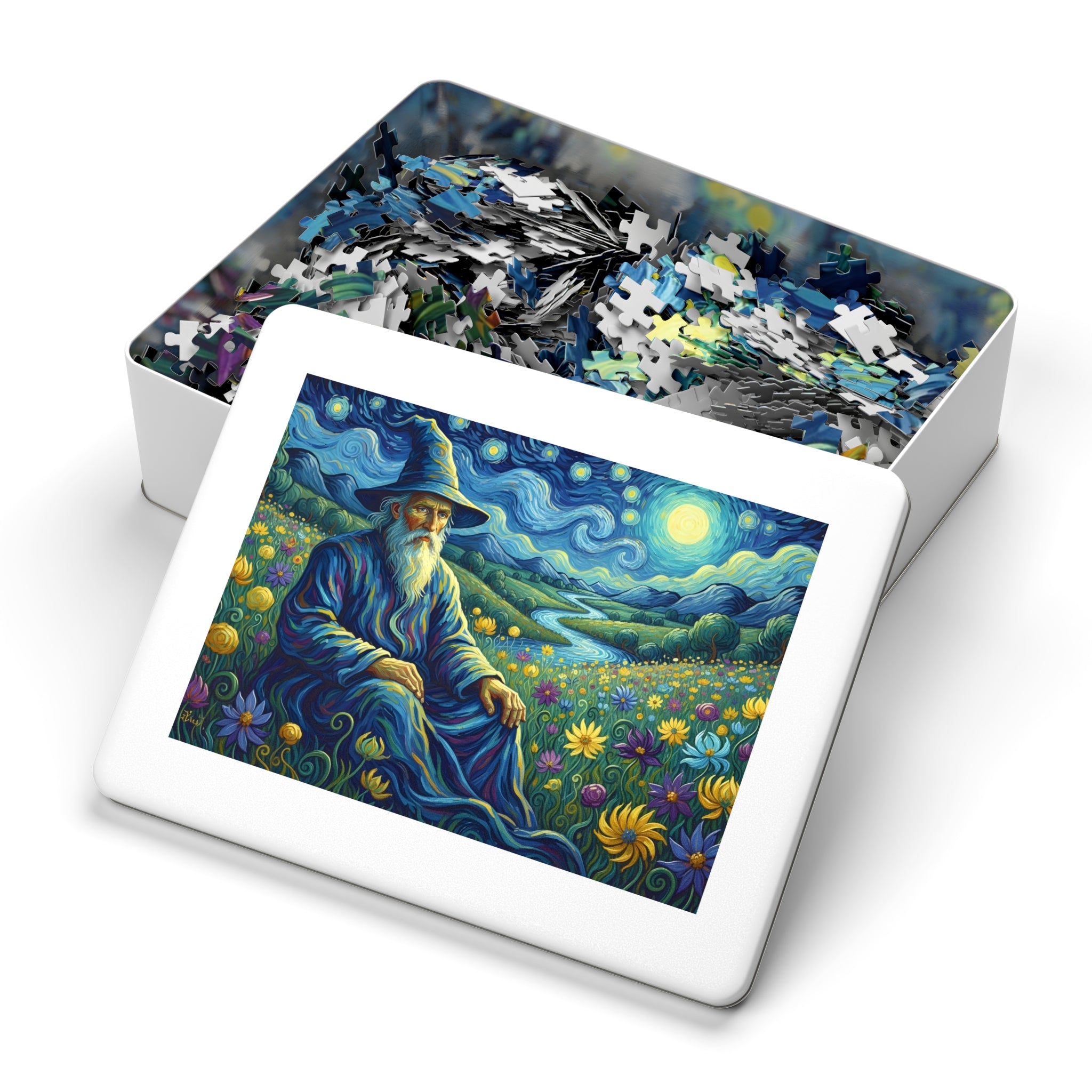 Jigsaw puzzle box with a painting of a man in a blue robe sitting in a field of flowers and stars.