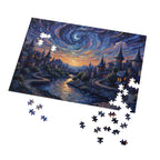 Jigsaw puzzle with a completed section of a fantasy landscape featuring a river and village under a starry night sky.