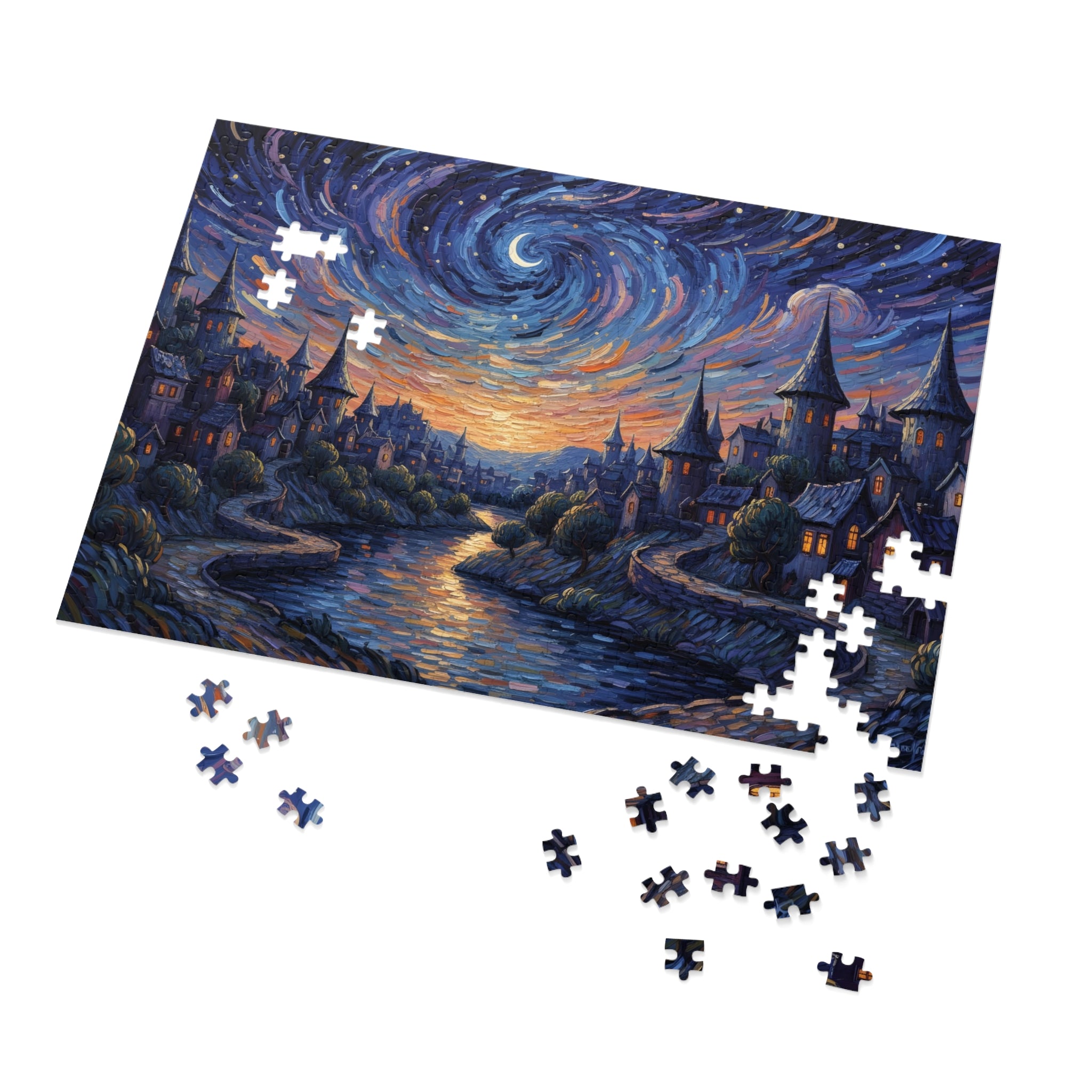 Jigsaw puzzle with a completed section of a fantasy landscape featuring a river and village under a starry night sky.