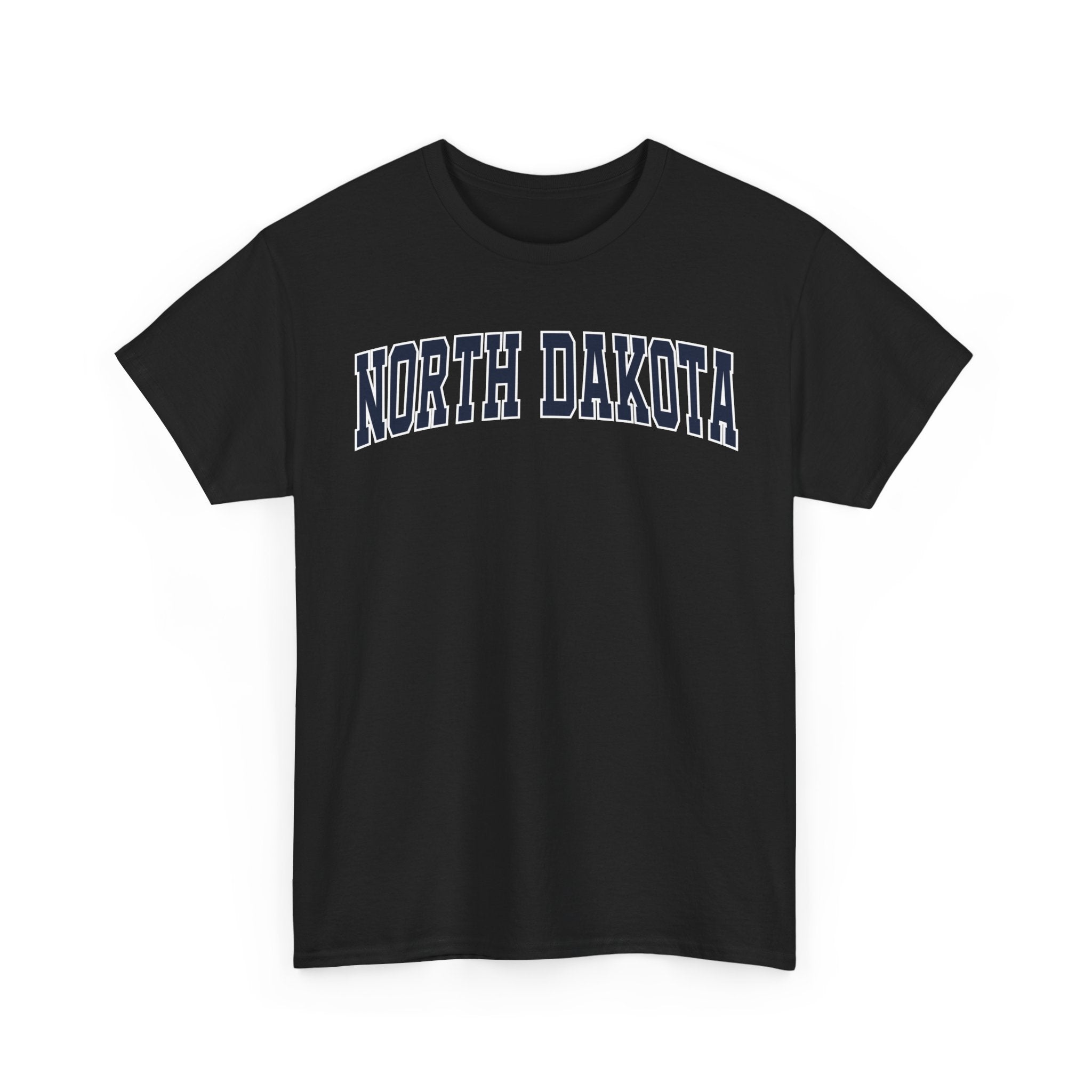 Black t-shirt with 'NORTH DAKOTA' text on a white background