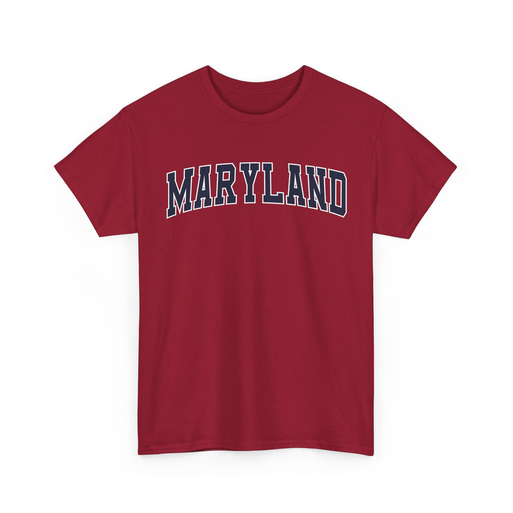 Red t-shirt with 'MARYLAND' text on a white background