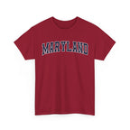 Red t-shirt with 'MARYLAND' text on a white background