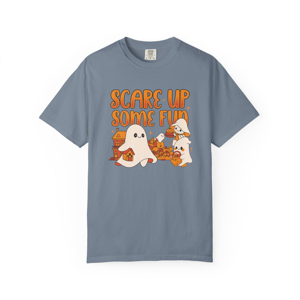 Funny Halloween Ghost T-Shirt: Spooky Pumpkin Design with ’Scare Up Some Fun’ Quote - Blue Jean / S - T-Shirt