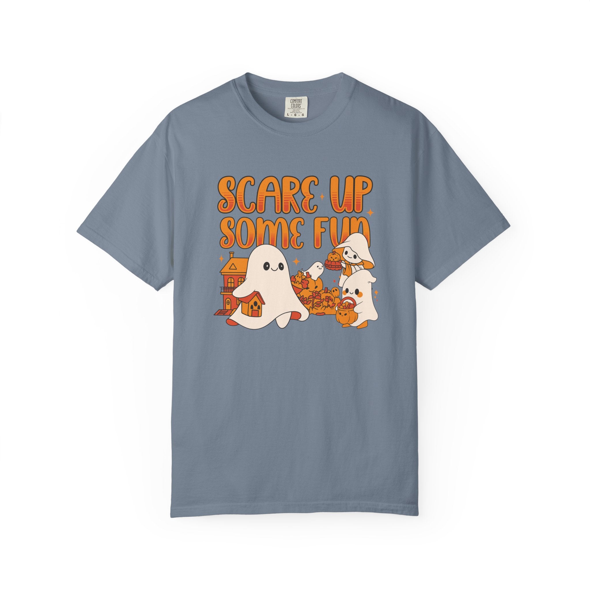 Funny Halloween Ghost T-Shirt: Spooky Pumpkin Design with ’Scare Up Some Fun’ Quote - Blue Jean / S - T-Shirt