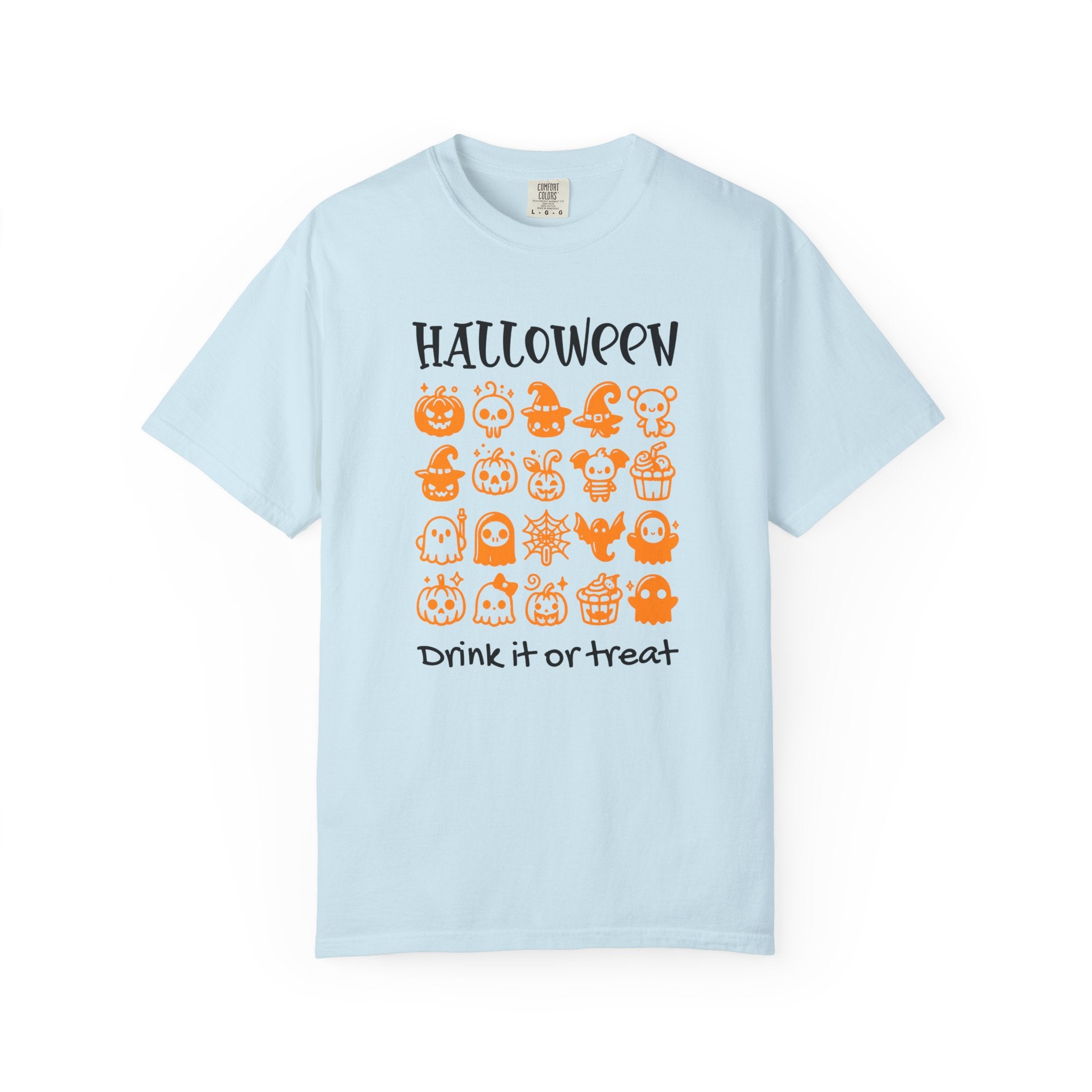 Drink It or Treat Halloween T-Shirt: Spooky Fun Graphic Tee with 25 Icon Design - Chambray / S - T-Shirt