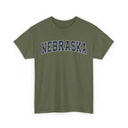 Green t-shirt with 'NEBRASKA' printed on it against a white background