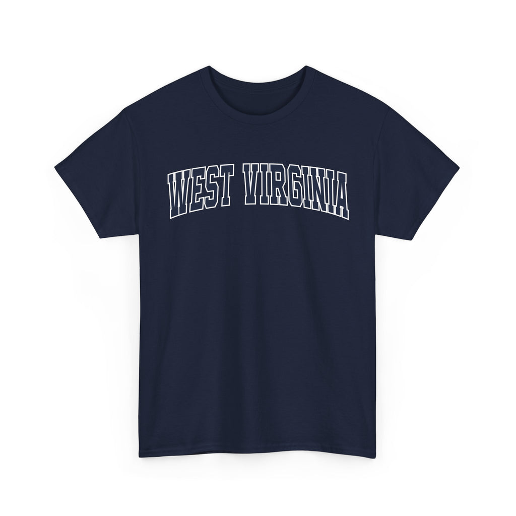 Navy blue t-shirt with 'West Virginia' text on a white background