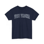 Navy blue t-shirt with 'West Virginia' text on a white background