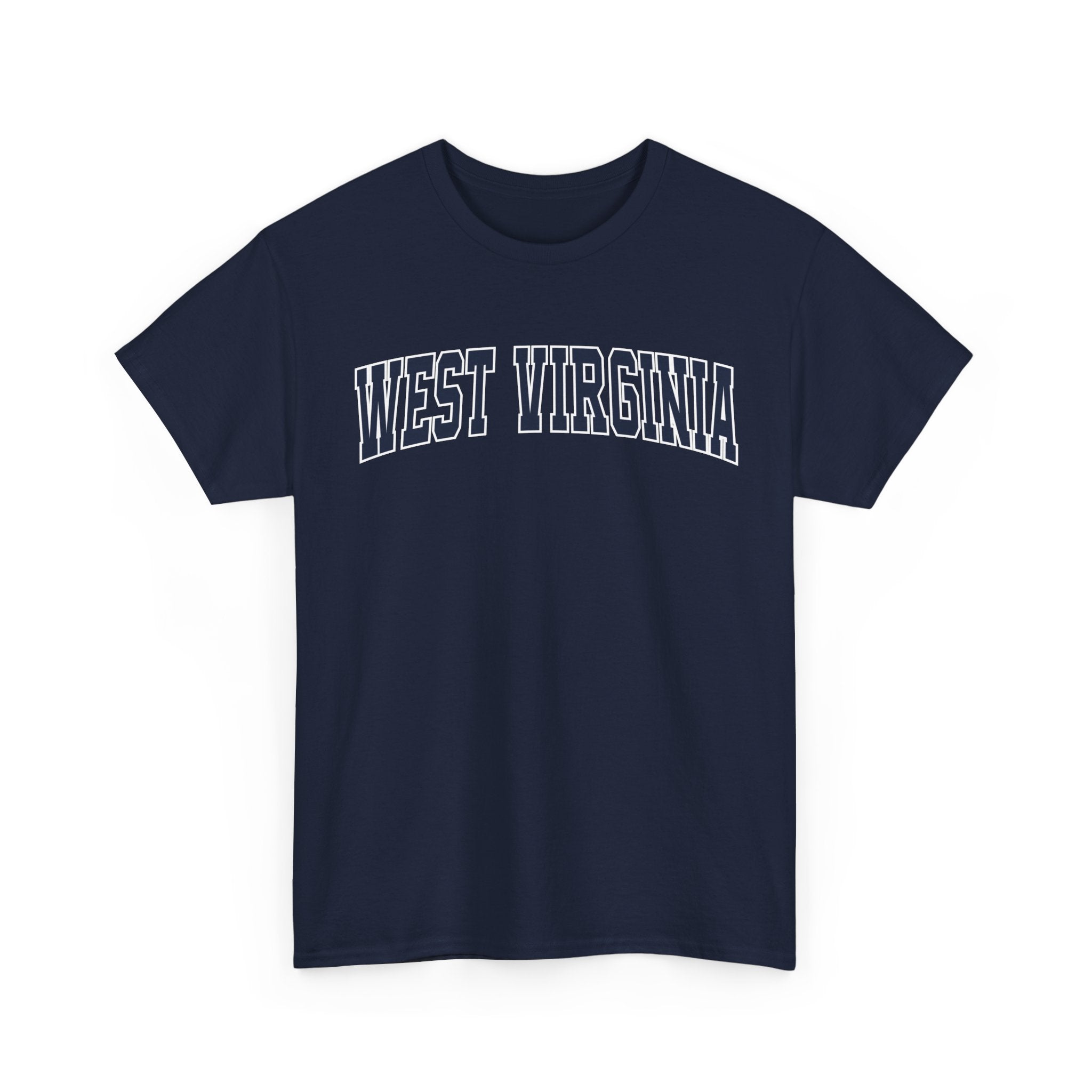 Navy blue t-shirt with 'West Virginia' text on a white background