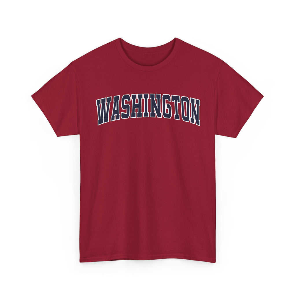 Red t-shirt with 'WASHINGTON' printed on it against a white background