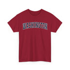 Red t-shirt with 'WASHINGTON' printed on it against a white background