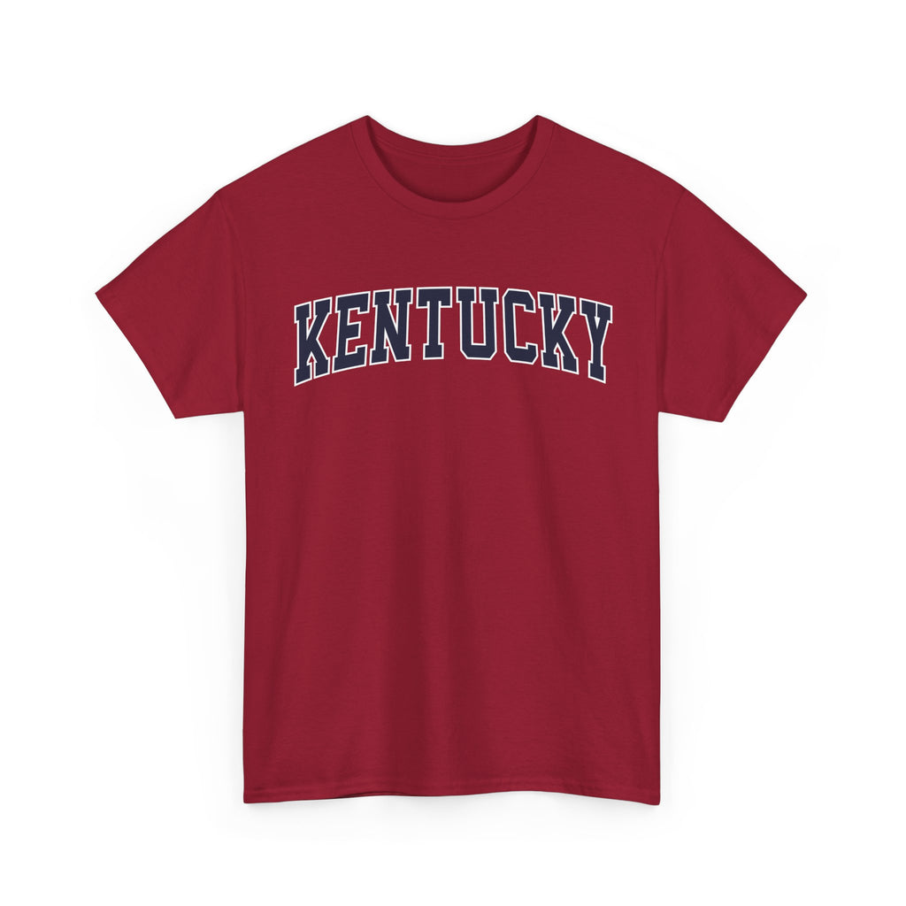 Red t-shirt with 'Kentucky' printed on it against a white background