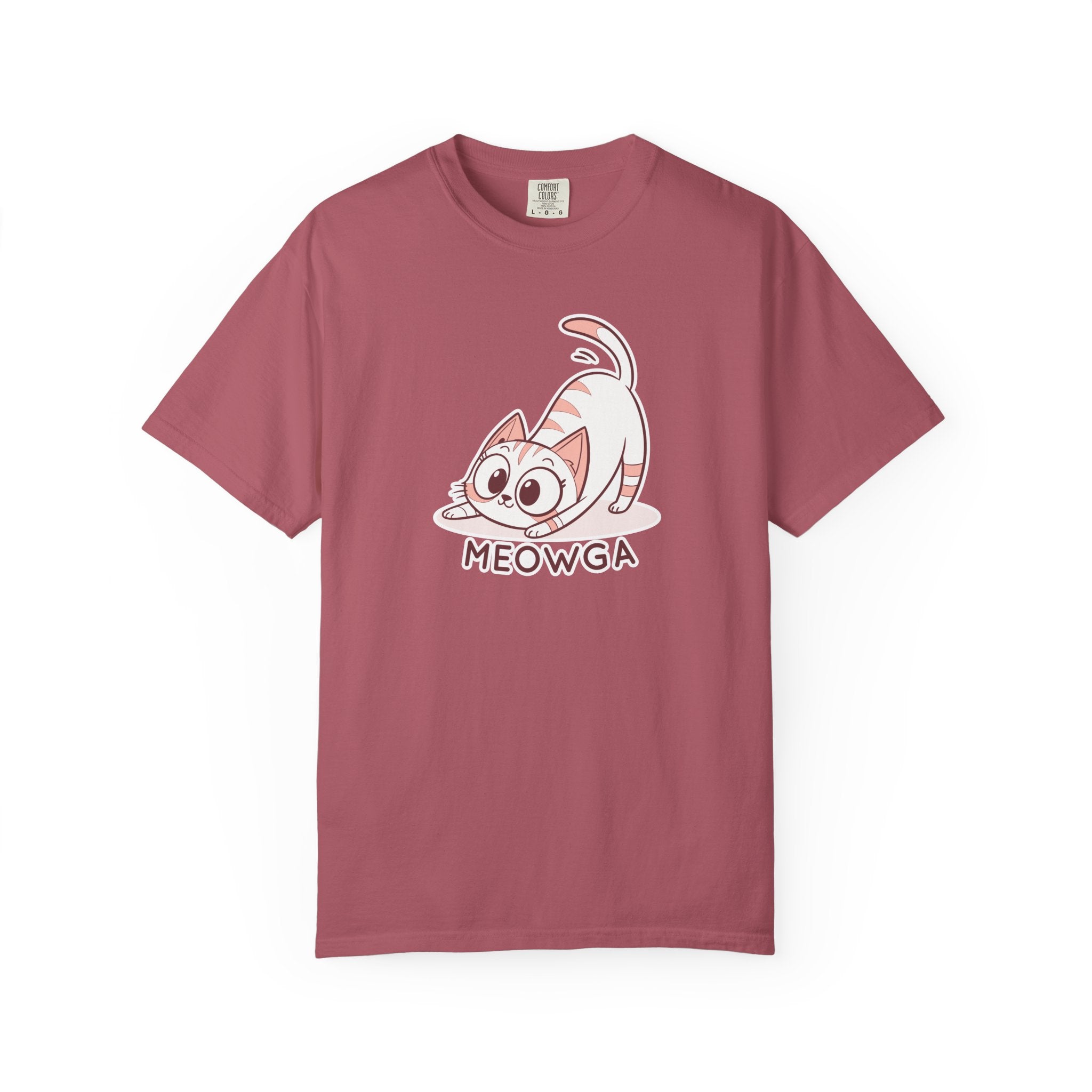 ’Meowga’ Cat Yoga T-Shirt | Cute Kitten Stretch Pose Graphic Tee - Crimson / S